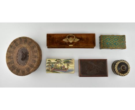A collection of seven vintage 20th century lidded trinket boxes &amp; desk tidies. The lot to include a wooden Florentine hin
