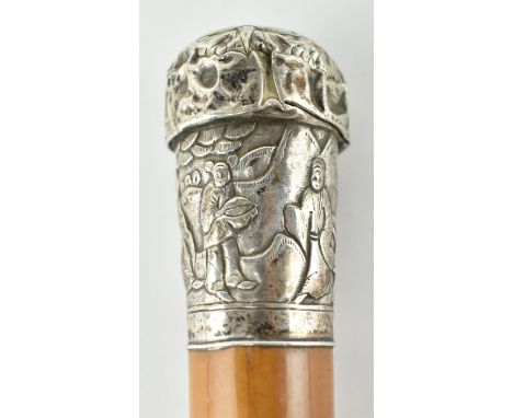 A mid 20th Century Chinese silver handled Malacca cane walking stick with repousse decoration. The silver top featuring scene