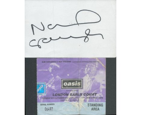 Noel Gallagher signed 6x4 inch white card and 1997 Oasis London Earls Court concert ticket. Good condition. All autographs co