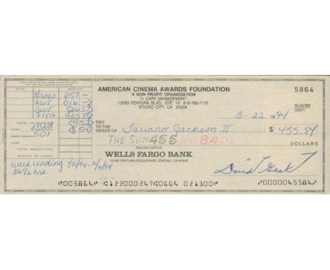 Tito Jackson and David Guest signed America Cinema Awards Foundation Wells Fargo Bank cheque dated 3.22.1994. Good condition.