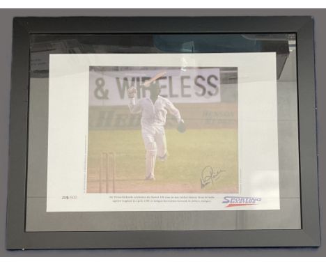 Viv Richards signed Sporting Masters colour print of him celebrating fastest 100 runs in test cricket history in 1986. Mounte