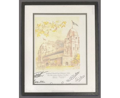 Geoff Hurst, Jack Charlton, Ray Wilson, George Cohen, Martin Peters and 1 other (covered by mount) signed Wembley print. Moun