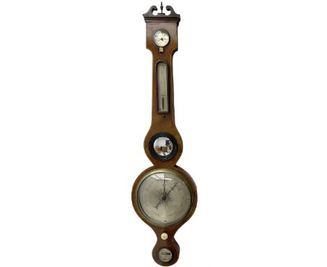 Late 19th century mahogany five glass mercury barometer, with a swans neck pediment, brass finial and a round base, eight inc