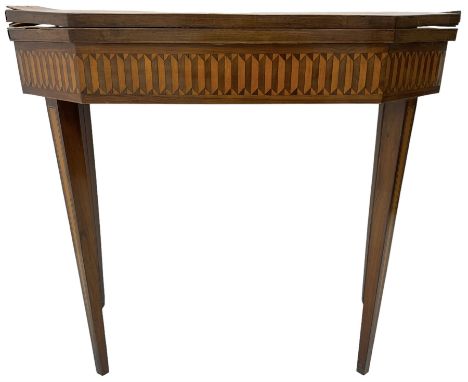 19th century inlaid mahogany card table, rectangular fold-over top with canted front corners, decorated with banded and strun