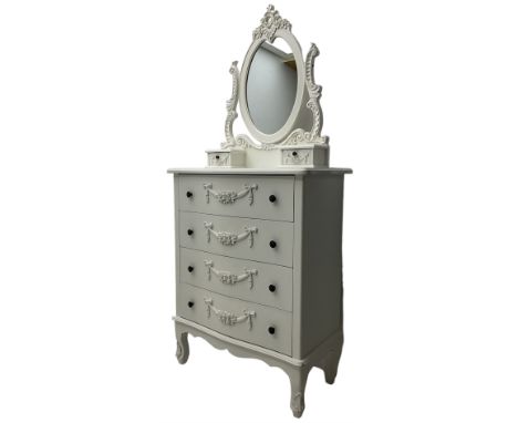 French design white painted dressing chest, oval swing mirror with floral cartouche pediment over two trinket drawers, serpen