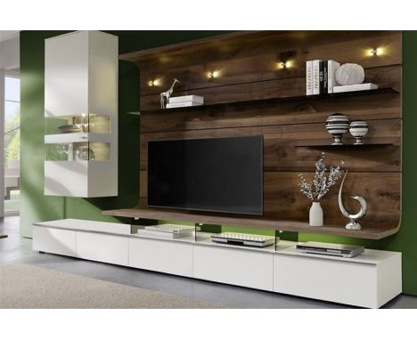 Gwinner - 'Felino' living console unit, curved walnut wall panelling with smoked glass shelf, fitted with five drawers, toget