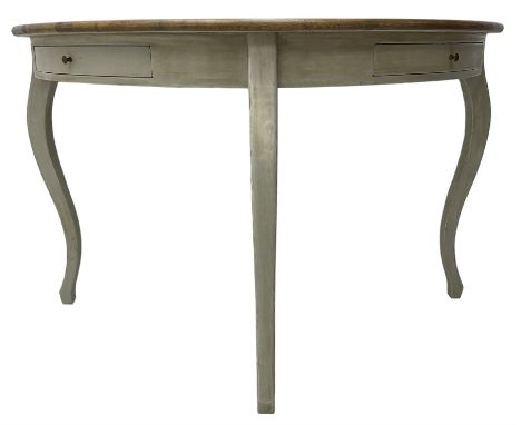 Painted oak demi-lune console table, stained oak top on painted base fitted with two drawers, on cabriole supportsDimensions: