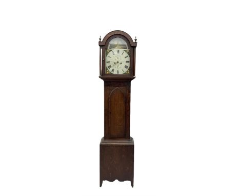 Ayers of Newcastle - 19th century oak cased 8 day longcase clock c1850, with a break-arch top and turned wooden finials, conf