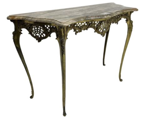 Louis XVI design serpentine front console table, shaped marble top over a cast brass base, the apron pierced and decorated wi