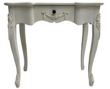 French design white painted console table, shaped top, fitted with single drawer with applied swag decoration, raised on cabr
