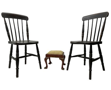 Pair of 19th century elm and beech stick back dining chairs, dished seats on turned supports united by H-shaped stretchers (W