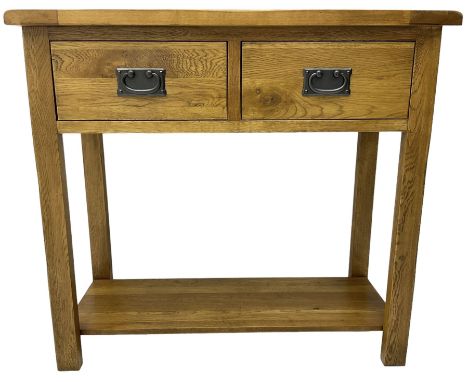 Light oak console table, rectangular top over two drawers, on rectangular supports united by under-tierDimensions: Height:&nb