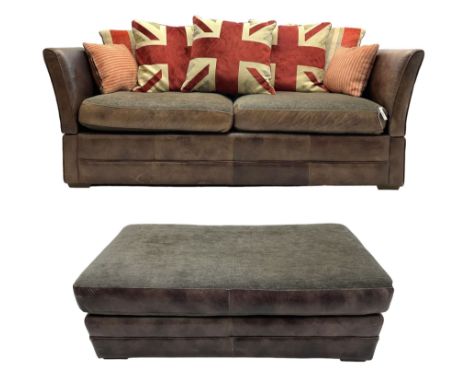 Large Knole design three-seat sofa upholstered in brown leather with scatter cushions upholstered in contrasting striped and 