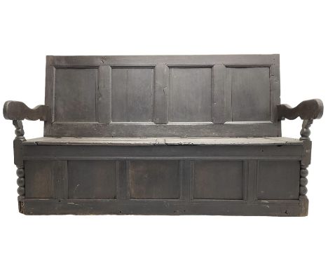 18th century oak box seat settle bench, pegged construction with quadruple panelled back over double hinged box seat, shaped 