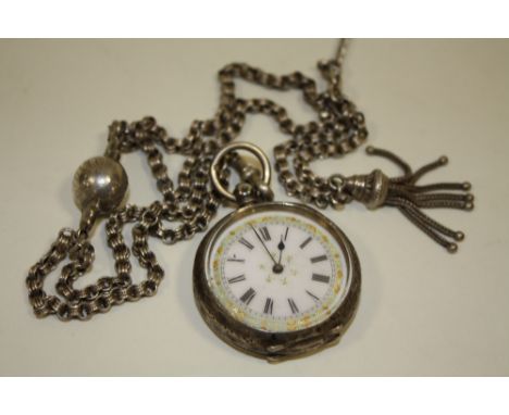 A VINTAGE SILVER FOB WATCH ON ALBERTINA CHAIN 