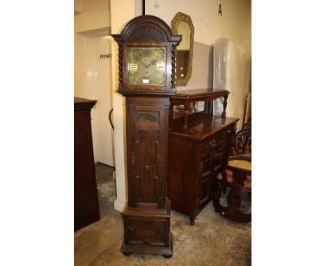 AN EARLY 20TH CENTURY OAK CASED LONGCASE CLOCK THE BRASS DIAL SIGNED 'HUMPHREY MARSH - HIGHWORTH' H-183 CM