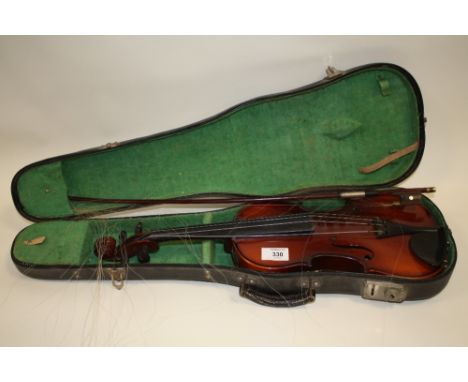 A VINTAGE VIOLIN WITH ONE PIECE BACK, WITH BOW AND CARRY CASE 
