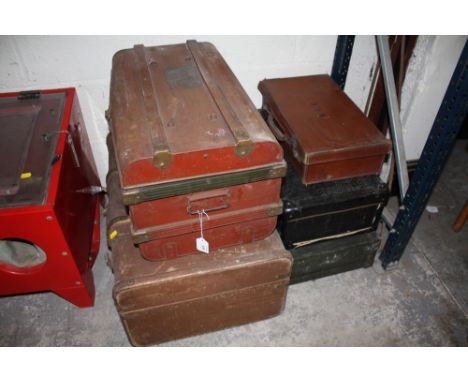 A TRUNK, 3 VINTAGE CASES PLUS A METAL CHEST