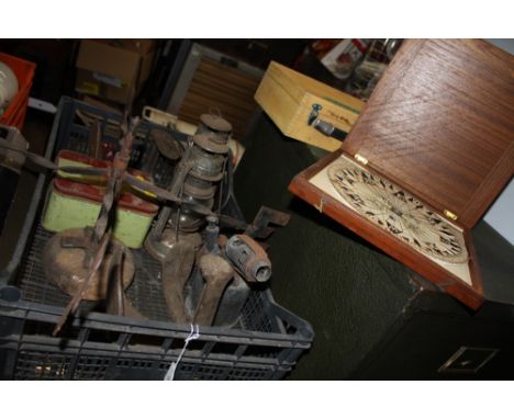 A TRAY OF VINTAGE METALWARE ETC T INCLUDE BURNER, LAMP, COMPASS, BOULES ETC