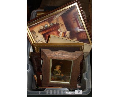 A BOX OF ASSORTED PICTURES, PRINTS AND FRAMES TO INCLUDE A PEARS SOAP PRINT, HORSE RACING PRINTS ETC. 