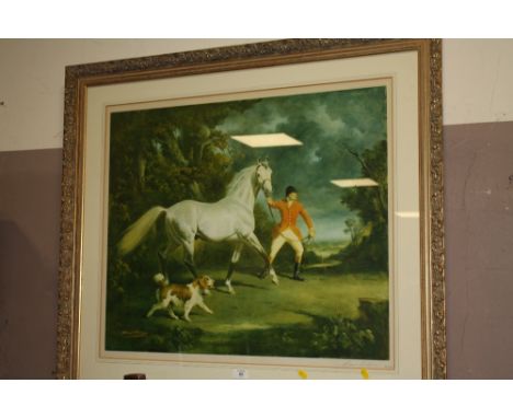 A LARGE FRAMED AND GLAZED SIGNED LIMITED EDITION PRINT OF A HUNTSMAN, HORSE AND HOUND 469/500