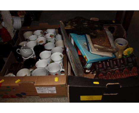 TWO TRAYS OF ASSORTED CERAMICS AND SUNDRIES TO INCLUDE A LACQUERWARE BOOK TROUGH 