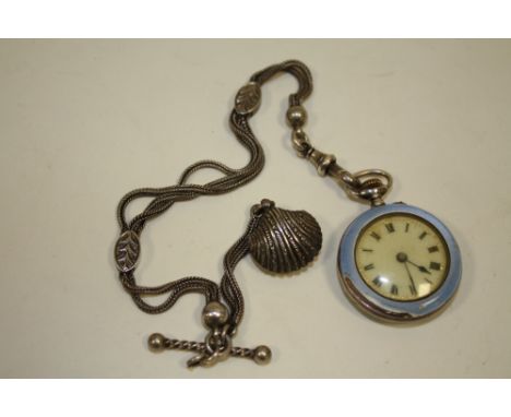 A VICTORIAN SILVER AND ENAMEL FOB WATCH ON CHAIN