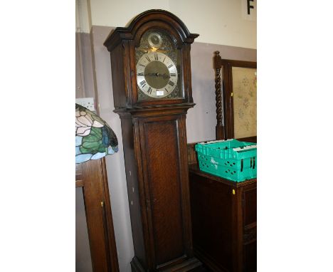 AN EARLY 20TH CENTURY OAK CASED WESTMINSTER CHIME LONGCASE CLOCK WITH PENDULUM AND  ?? WEIGHTS H-187 CM