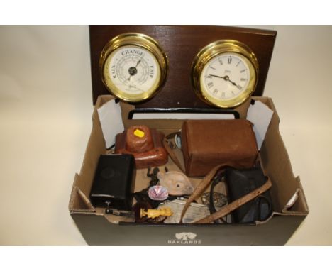 A BOX OF COLLECTABLES TO INCLUDE VINTAGE CAMERAS, TERRACOTTA OIL LAMP ETC