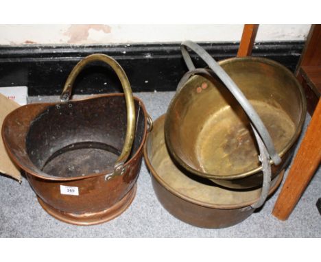 TWO VINTAGE BRASS JAM PANS TOGETHER WITH A  COPPER COAL BUCKET (3) 