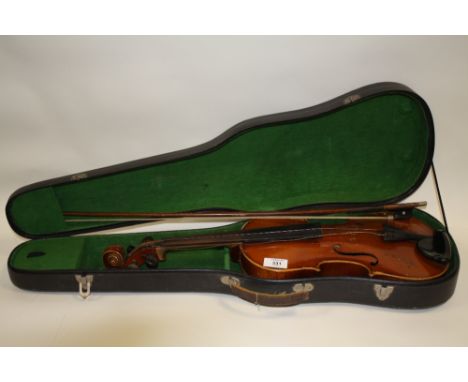 A VINTAGE VIOLIN WITH TWO PIECE BACK, BOW AND CARRY CASE 