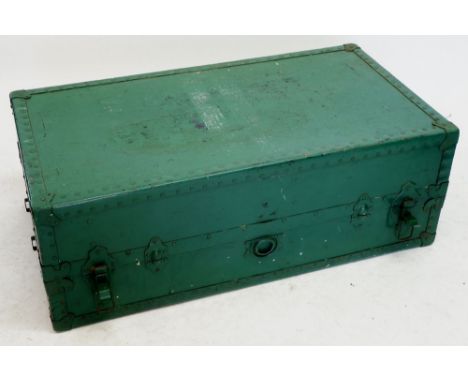 An antique green painted metal bound trunk 