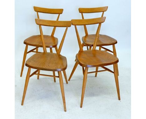 A set of four Ercol light elm small stacking dining or kitchen chairs 