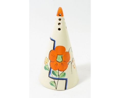 A 1930's Wilkinson Honeyglaze conical form sugar sifter with hand painted floral design in the style of Clarice Cliff - but u