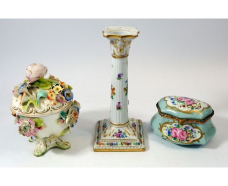 A Dresden porcelain candlestick painted flowers, a floral encrusted pot and cover and a porcelain box, a/f 