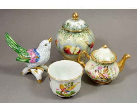 An Everill and sons miniature teapot with bird design, a jar with lid with apple design together with a Herend small bowl and