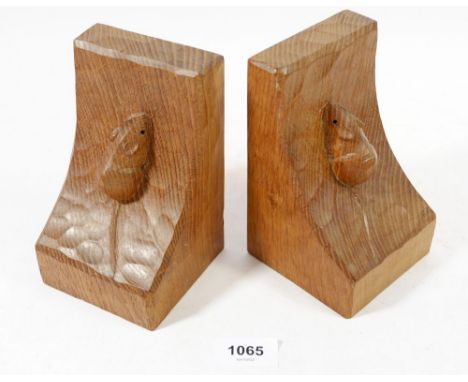 A pair of Mouseman (Robert Thompson) carved oak bookends, 15cm tall 