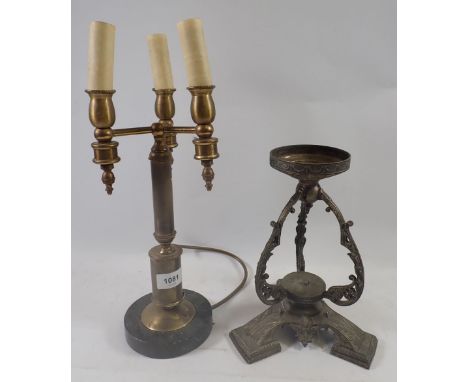 A brass three branch table lamp and a brass comport base 