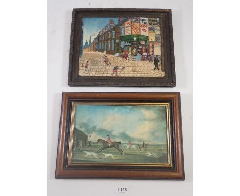 A moulded street scene picture, 19 x 24cm and an hunting print 