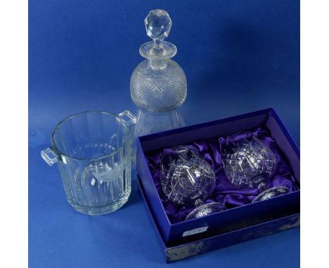 A thistle etched decanter with associated stopper with a Petite Liquorelle Moet &amp; Chandon glass ice bucket and two Edinbu