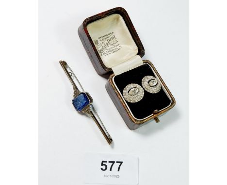 A pair of antique paste earrings and a silver bar brooch with intaglio cut stone 