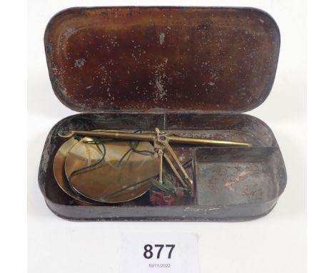 A pair of 19th century brass gold scales in tin box 
