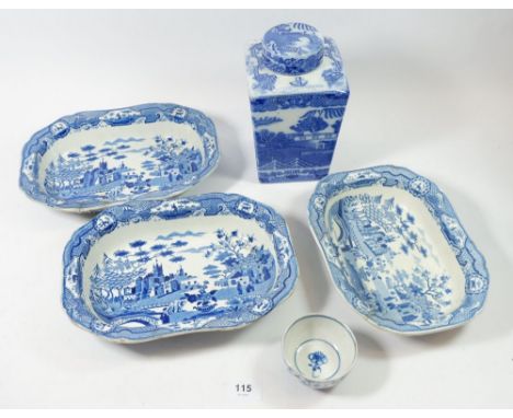 A Rington's tea caddy, three Spode dishes and an onion pattern teabowl