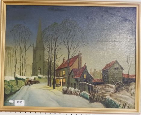 A vintage Van Gogh sunflower print and an oil village scene with church, 38 x 50cm