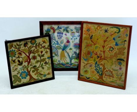 An embroidered fire screen and two embroidered pictures 