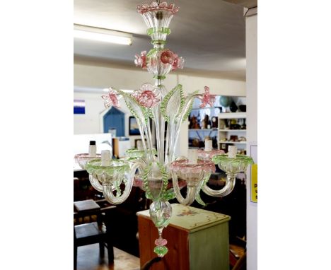 A large and decorative Murano glass chandelier with pink flowers and green foliage, 90cm drop approx.
