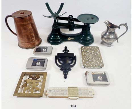 A 19th century copper flagon, kitchen scales and other metal ware 