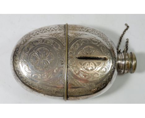 A Victorian silver plated large oval hip flask with engraved decoration, 16.5cm, chain a/f 