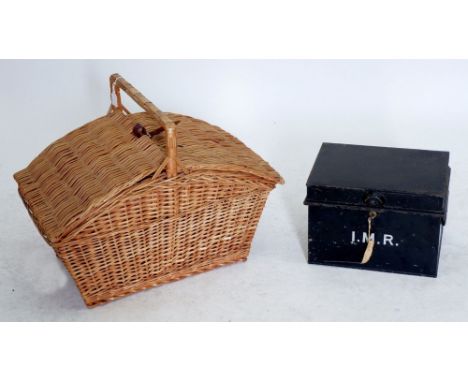 A wicker basket or hamper and an old despatch box 