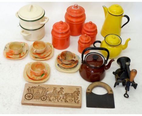 A large box of various vintage kitchenware including a Spong coffee grinder, various enamel kettles and storage jars and W Na